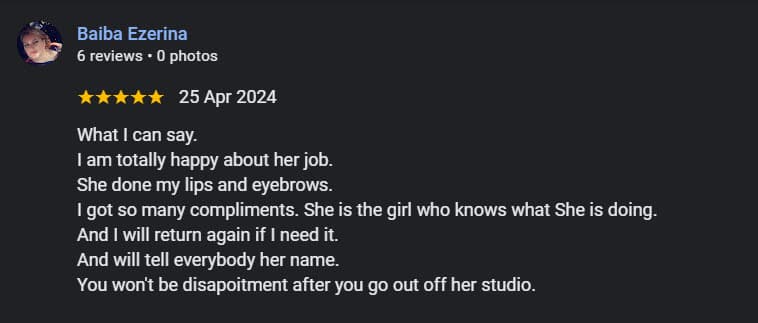 5-star Google review from Baiba Ezerina about lip blush and eyebrow services